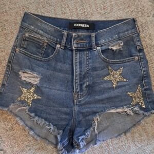 Express Women's Distressed Blue Jean Shorts with  Bedazzled Stars